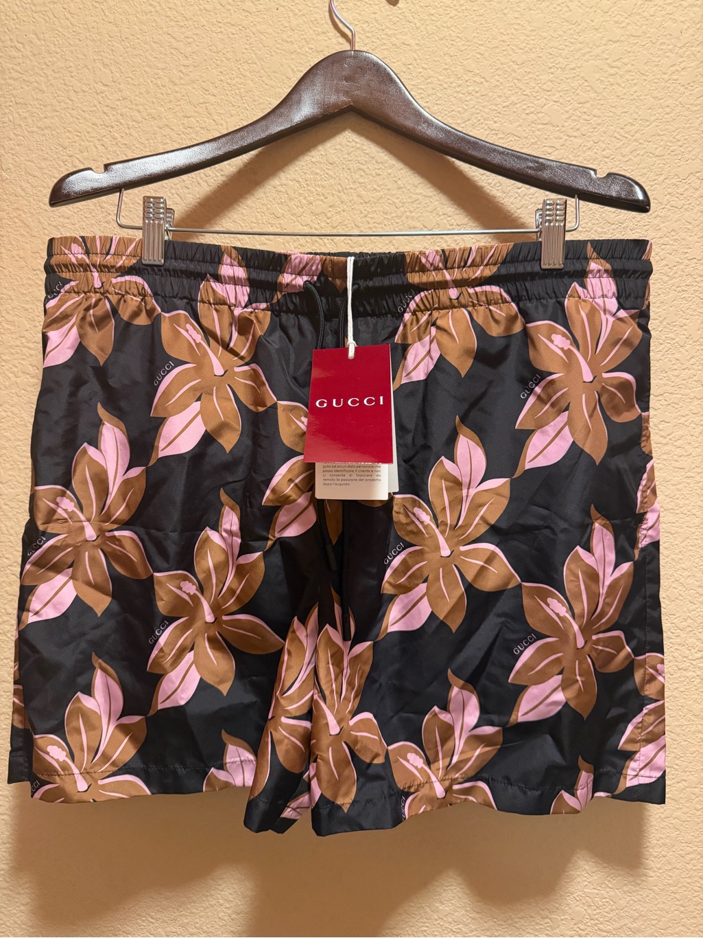 New Gucci Logo Floral Print Brown Pink Swim Shorts Size 52 / Us L / Waist 34 38